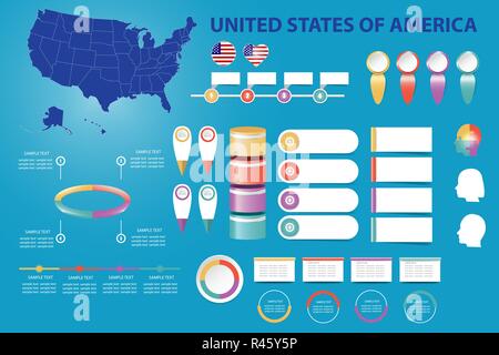 The blind map of United States of America, timeline and a number of different blank labels ready for your text. Infographic for economic, sociological Stock Vector