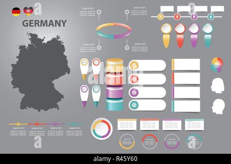 Infographic for economic, sociological, demographic and other presentations. The blind map of Germany, timeline and a number of different blank labels Stock Vector