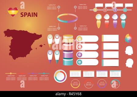 The blind map of Spain, timeline and a number of different blank labels ready for your text. Infographic for economic, sociological, demographic and o Stock Vector