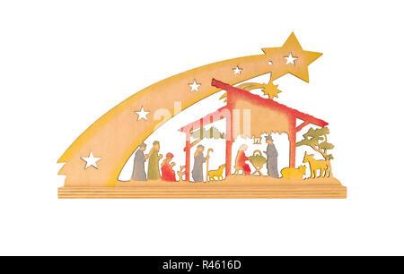 Christmas nativity scene, flat made of wood, isolated on a white background with a clipping path and copy space Stock Photo