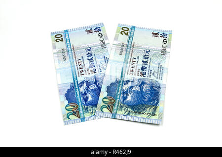 20 Hong Kong dollar bank note. Hong Kong dollar is the national currency of Hong Kong Stock Photo