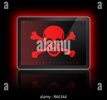 Digital tablet with a pirate symbol on screen. Hacking concept Stock Photo
