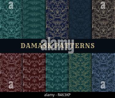 Damask Vector Seamless Pattern Collection. Vintage Style Wallpaper, Carpet or Wrapping Paper Design. Italian Medieval Floral Flourishes, Green Greek Flowers for Textures. Baroque Leaves Stock Vector