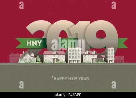 Happy New Year 2019 in town. Vector greeting card design element. Elements are layered separately in vector file. Stock Vector
