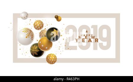 Abstract Christmas and new year greeting card design with 3d white, black and gold Christmas balls . Elements are layered separately in vector file. Stock Vector