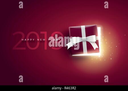 Half open gift box with magical lights. Top view. Stock Vector