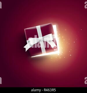 Half open gift box with magical lights. Top view. Stock Vector