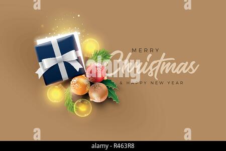 Christmas decoration objects. Half open Christmas gift box with magical lights on golden background. Christmas and new year greeting and poster design Stock Vector