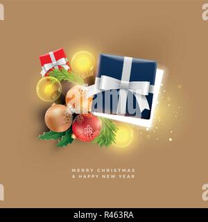 Christmas decoration objects. Half open Christmas gift box with magical lights on golden background. Christmas and new year greeting and poster design Stock Vector