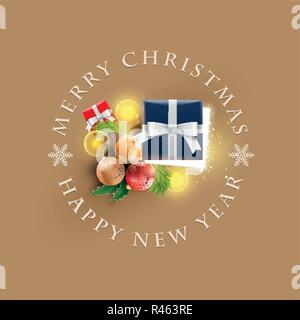 Christmas decoration objects. Half open Christmas gift box with magical lights on golden background. Christmas and new year greeting and poster design Stock Vector