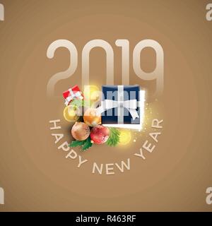 New year decoration objects. Half open gift box with magical lights on golden background. Christmas and new year greeting and poster design. Stock Vector