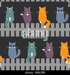 Cute seamless pattern background with cats seating on the fence. Vector illustration. Stock Vector