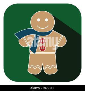 Gingerbread ginger bread man cookie bake sweet traditional food xmas christmas flat icon on green background. Stock Vector