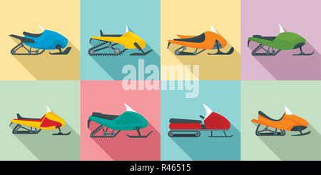 Snowmobile icon set. Flat set of snowmobile vector icons for web design Stock Vector
