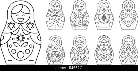 Russian matryoshka icon set. Outline set of russian matryoshka vector icons for web design isolated on white background Stock Vector