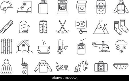 Holiday ski resort icon set. Outline set of holiday ski resort vector icons for web design isolated on white background Stock Vector