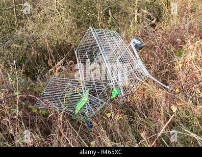 Shopping trolley abandoned in a public park, north east England, UK Stock Photo