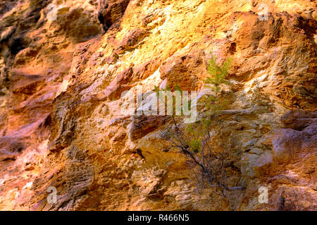 Natural wall of brown rocks on sunset light. Stock Photo