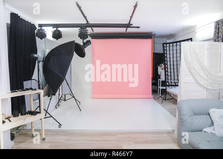 Empty photo studio with professional lighting equipment Stock Photo