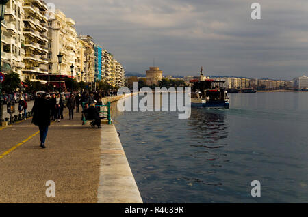 Thessaloniki, Greece - November 24, 2018. Panoramic view of Thessaloniki harbor line with White Tower Stock Photo