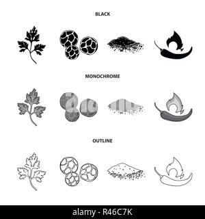Ptrushka, black pepper, paprika, chili.Herbs and spices set collection icons in black,monochrome,outline style vector symbol stock illustration flat. Stock Vector
