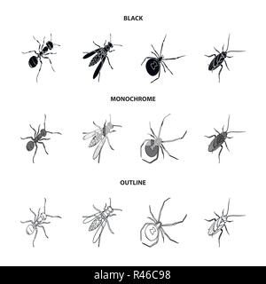 An insect arthropod, an osa, a spider, a cockroach. Insects set collection icons in black,monochrome,outline style vector symbol stock isometric illus Stock Vector
