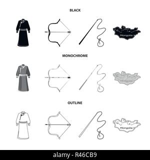 .mongol dressing gown, battle bow, theria on the map, Urga, Khlyst. Mongolia set collection icons in black,monochrome,outline style vector symbol stoc Stock Vector