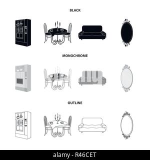 Coffee maker, served table in the restaurant and other  icon in black,monochrome,outline style isometric. Soft comfortable sofa, wall mirror icons in  Stock Vector