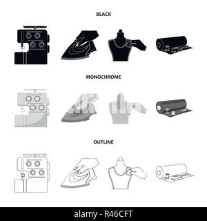 Electric sewing machine, iron for ironing, marking with chalk clothes, roll of fabric and other equipment. Sewing and equipment set collection icons i Stock Vector