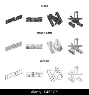 The space station in orbit, the preparation of the launch rocket, the lunar rover on the surface. Space technology set collection icons in black,monoc Stock Vector