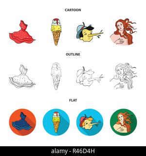 Italian dress, gelato, pinocchio, goddess of love. Italy set collection icons in cartoon,outline,flat style vector symbol stock illustration . Stock Vector