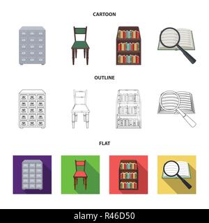 Cabinet with filing cabinet, chair, shelves, information search. Library and bookstore set collection icons in cartoon,outline,flat style vector symbo Stock Vector