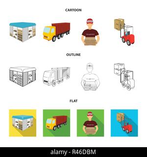 Truck, courier for delivery of pizza, forklift, storage room. Logistics and delivery set collection icons in cartoon,outline,flat style isometric vect Stock Vector
