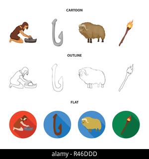 Cattle, catch, hook, fishing .Stone age set collection icons in cartoon,outline,flat style vector symbol stock illustration . Stock Vector