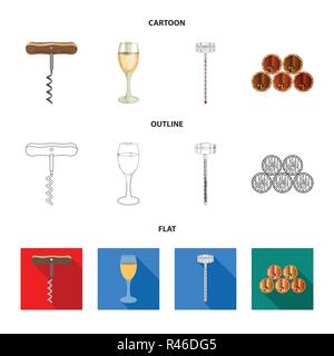 Corkscrew, alcohol counter, barrels in the vault, a glass of white wine. Wine production set collection icons in cartoon,outline,flat style vector sym Stock Vector