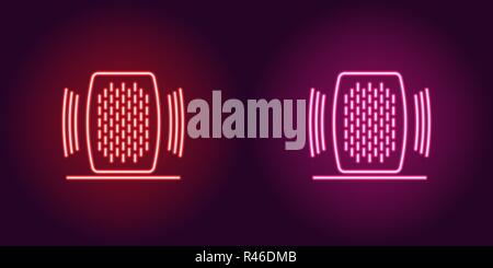 Neon Home speaker, glowing sign. Vector illustration of Voice assistant with sound waves in neon style, red and pink colors. Glowing icon and symbol Stock Vector