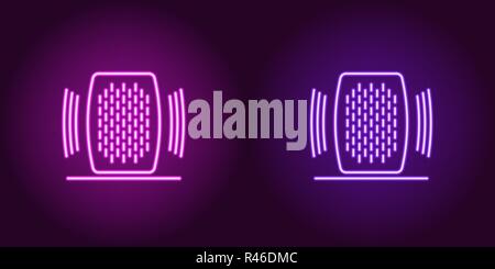Neon Home speaker, glowing sign. Vector illustration of Voice assistant with sound waves in neon style, purple and violet colors. Glowing icon and sym Stock Vector