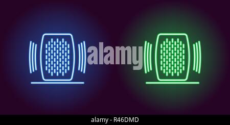 Neon Home speaker, glowing sign. Vector illustration of Voice assistant with sound waves in neon style, blue and green colors. Glowing icon and symbol Stock Vector