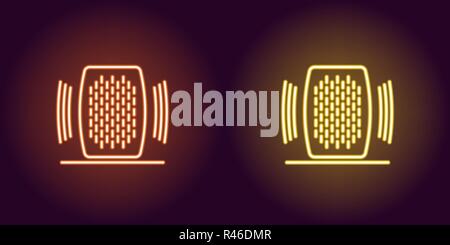 Neon Home speaker, glowing sign. Vector illustration of Voice assistant with sound waves in neon style, orange and yellow colors. Glowing icon and sym Stock Vector