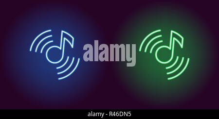 Neon musical note, glowing sign. Vector illustration of Sound note with acoustic waves in neon style, blue and green colors. Glowing icon and symbol Stock Vector