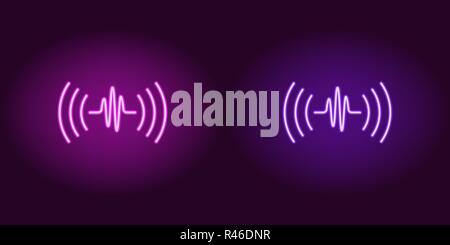 Neon sound wave, glowing sign. Vector illustration of Voice sound assistant with acoustic waves in neon style, purple and violet colors. Glowing icon  Stock Vector