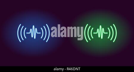 Neon sound wave, glowing sign. Vector illustration of Voice sound assistant with acoustic waves in neon style, blue and green colors. Glowing icon and Stock Vector