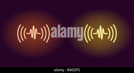 Neon sound wave, glowing sign. Vector illustration of Voice sound assistant with acoustic waves in neon style, orange and yellow colors. Glowing icon  Stock Vector