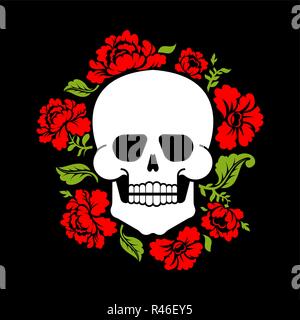 Skull and flowers. Skeleton head and roses. Death and love Stock Vector