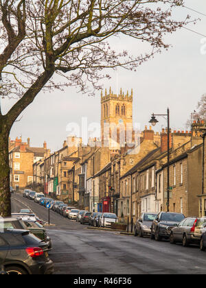 Cars parked along the Bank the  main high street in the Teesdale market town of Barnard Castle County Durham England UK Stock Photo