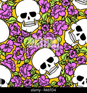Skull and flowers pattern seamless. Skeleton head and roses background. Death and love texture Stock Vector