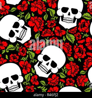 Skull and flowers pattern seamless. Skeleton head and roses background. Death and love texture Stock Vector