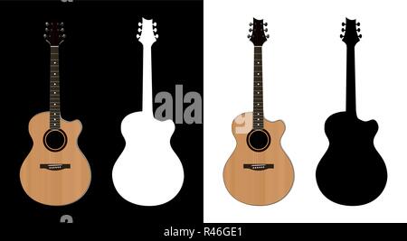 Acoustic Guitar illustration and Silhouettes on black and white backgrounds. Music instrument isolated. Stock Vector