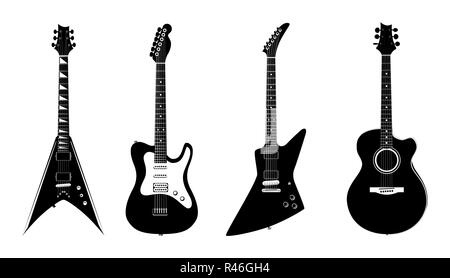 Vector silhouettes of Acoustic guitar and Electric guitars black color. Music instruments isolated on white. Stock Vector