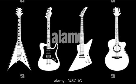 Acoustic and Electric Guitars white color. Vector illustration isolated on black color. Stock Vector